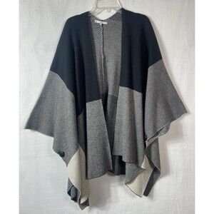 Sioni Open Front Poncho Cardigan Sweater Boho Black White Gray Wool Blend M/L